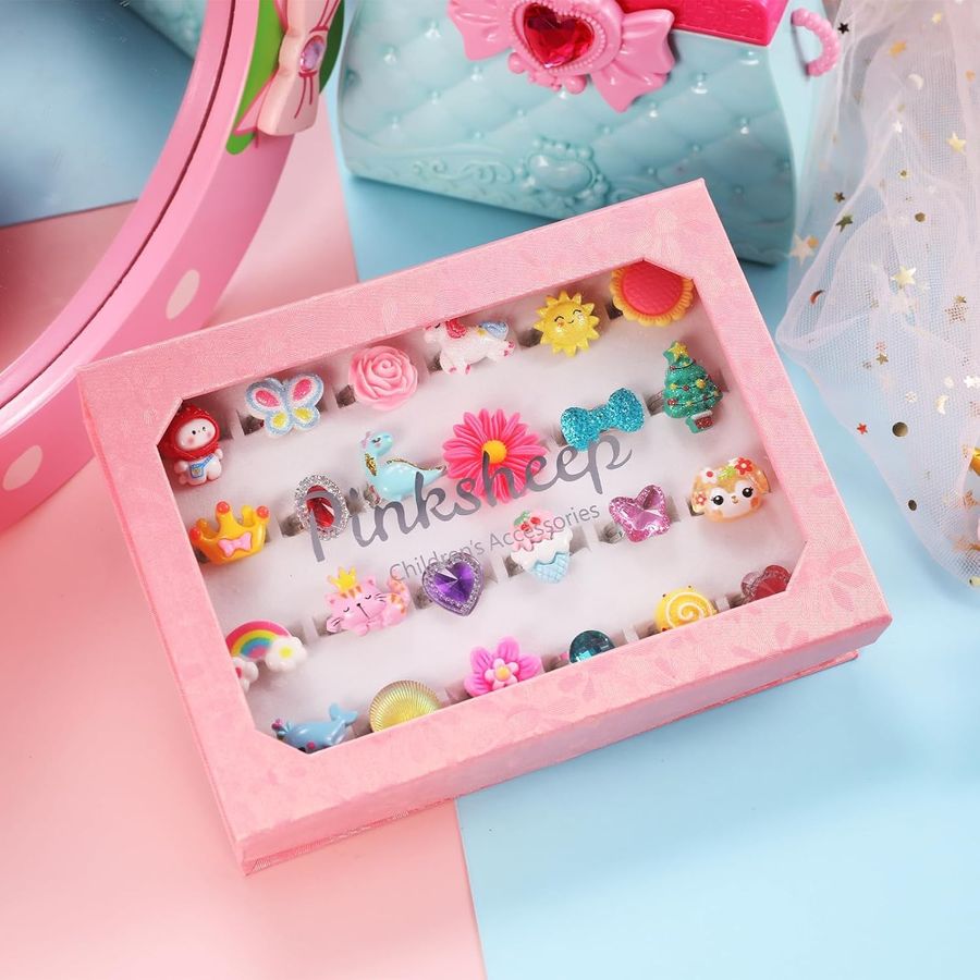 PinkSheep Little Girl Jewel Rings in Box, 24 Adjustable Rings picture 2